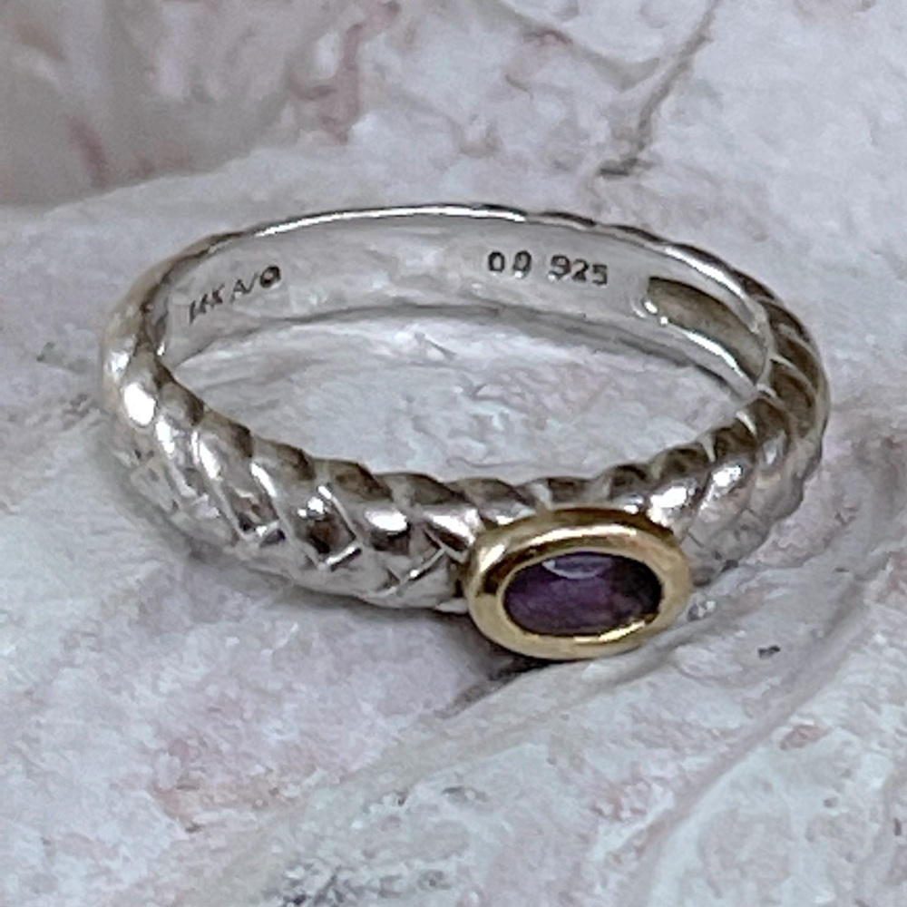Sterling Silver/14kt Gold Accent W/ Bezeled Amethyst Stone 6.5